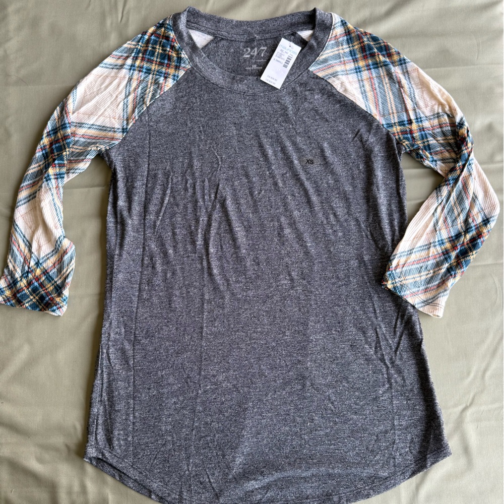 Maurices Charcoal Tee with Plaid Accents
